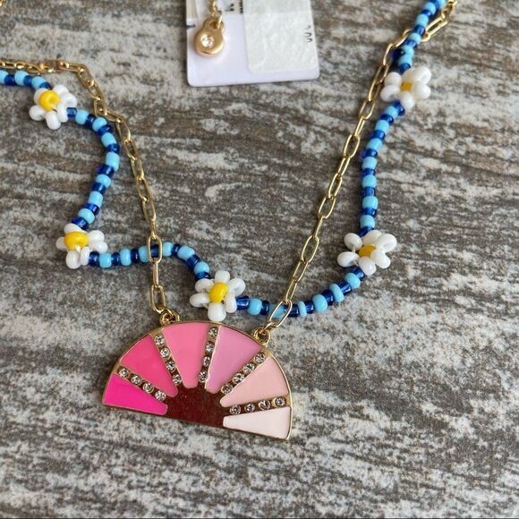 BP Bead and Pendant Layered Necklace Blue Multi Pink Gold - Picture 4 of 4